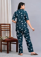 Women's green rayon printed night suit - soft and comfortable, Indian-made
